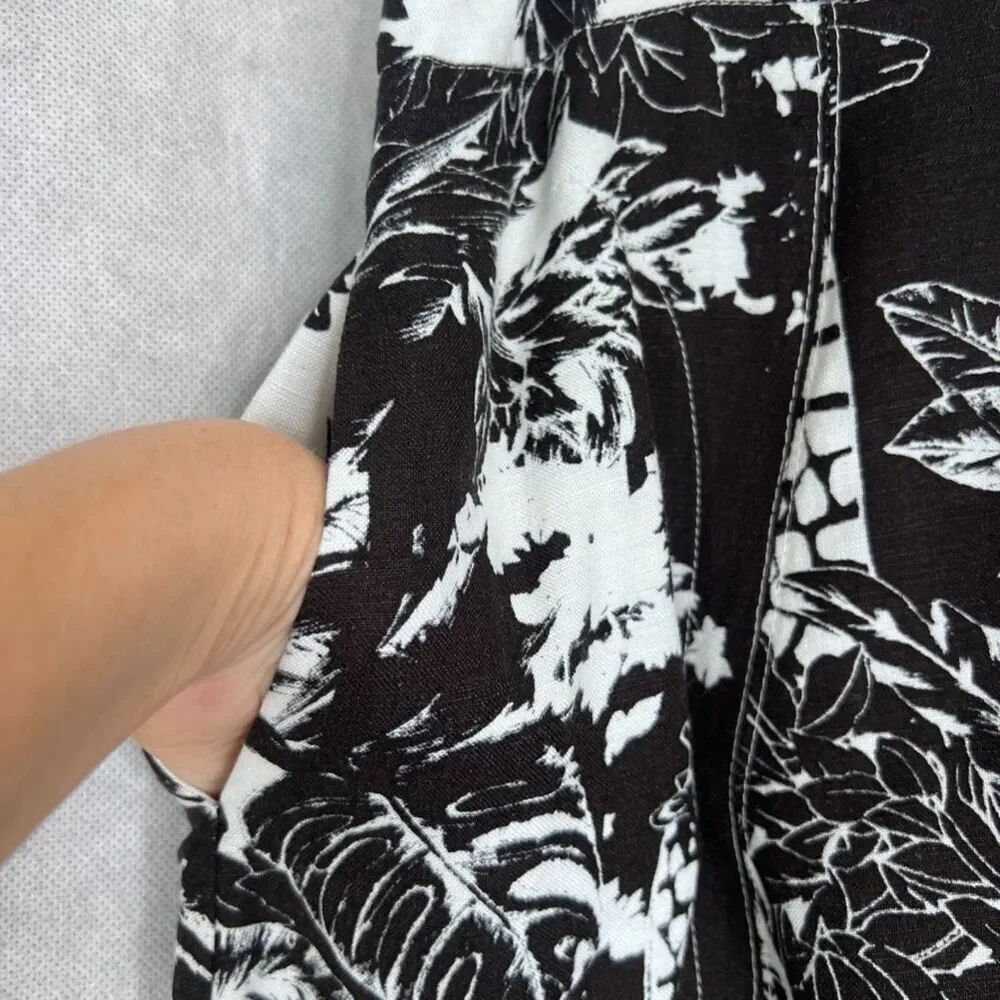 Grace Elements Linen Blend Black White Tropical Floral Midi Skirt Size 12‎